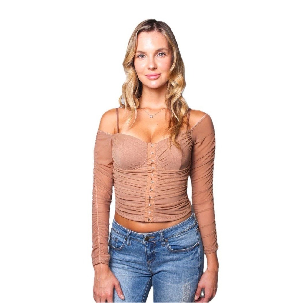 Mesh Sweetheart Neckline‎ Off Shoulder Front Closure Crop Top Corset Ruched Sm?